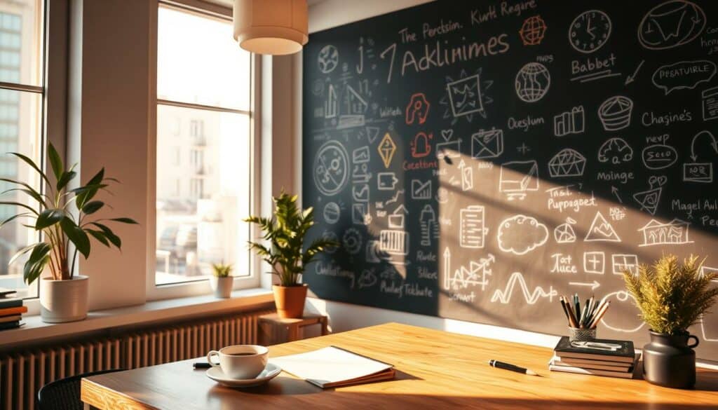 A cozy office interior with a large chalkboard on the wall, covered in colorful chalk doodles and diagrams. In the foreground, a wooden desk with various stationery items, including pens, pencils, and a notebook. A cup of coffee or tea sits next to a potted plant. The lighting is warm and soft, creating a relaxed, creative atmosphere. Through a window in the background, a cityscape is visible, hinting at the urban setting. The overall scene conveys a sense of thoughtful, artistic brainstorming and the process of "Kreative Namensfindung" or creative name generation. A cozy office interior with a large chalkboard on the wall, covered in colorful chalk doodles and diagrams. In the foreground, a wooden desk with various stationery items, including pens, pencils, and a notebook. A cup of coffee or tea sits next to a potted plant. The lighting is warm and soft, creating a relaxed, creative atmosphere. Through a window in the background, a cityscape is visible, hinting at the urban setting. The overall scene conveys a sense of thoughtful, artistic brainstorming and the process of "Kreative Namensfindung" or creative name generation.