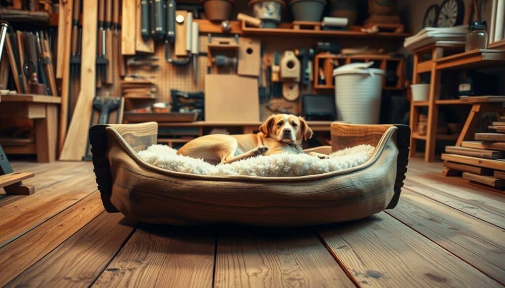 A cozy, rustic dog bed in a warm, well-lit workshop. In the foreground, smooth wooden planks are meticulously arranged, their grain highlighted by soft, diffused lighting. The middle ground showcases various woodworking tools, their utilitarian forms casting subtle shadows. In the background, a wall of organized shelves holds an array of materials, hinting at the craftsmanship required to build this custom dog bed. The overall atmosphere conveys a sense of care, attention to detail, and a dedication to creating a comfortable, personalized space for a beloved canine companion. A cozy, rustic dog bed in a warm, well-lit workshop. In the foreground, smooth wooden planks are meticulously arranged, their grain highlighted by soft, diffused lighting. The middle ground showcases various woodworking tools, their utilitarian forms casting subtle shadows. In the background, a wall of organized shelves holds an array of materials, hinting at the craftsmanship required to build this custom dog bed. The overall atmosphere conveys a sense of care, attention to detail, and a dedication to creating a comfortable, personalized space for a beloved canine companion.