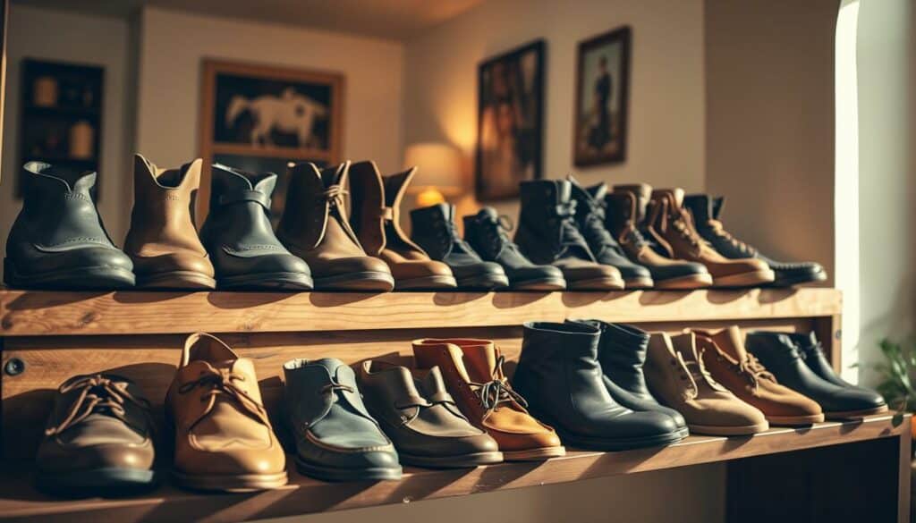A cozy shoe shelf decoration featuring an assortment of stylish footwear artfully arranged in a warm, rustic setting. The foreground showcases various leather and suede shoes, boots, and loafers, each positioned with care to create a visually appealing display. The middle ground features a natural wooden shelf or ledge, with subtle distressed elements that add to the vintage charm. The background is a softly lit interior, perhaps a living room or entryway, with neutral-toned walls and the gentle glow of a lamp or candle, evoking a sense of hygge and relaxation. Soft, natural lighting casts a gentle shadow, accentuating the textures and colors of the shoes and the wooden shelf. The overall atmosphere is one of cozy sophistication, inviting the viewer to imagine how this personalized shoe display could enhance the ambiance of their own living space.