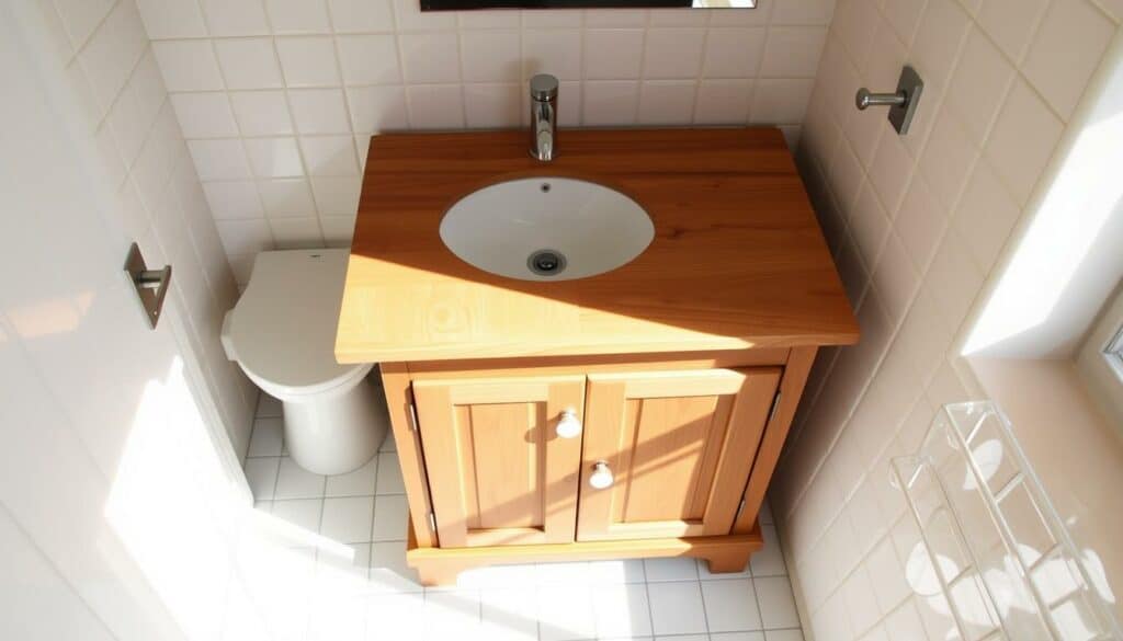 A cozy, well-lit bathroom with a homemade vanity featuring a wooden tabletop countertop resting on a repurposed wooden cabinet or dresser base. The vanity has a clean, minimalist design with soft, natural lighting accentuating the wood grain. The vanity is situated against a white tiled wall, complemented by simple, modern bathroom fixtures like a faucet and sink. The overall atmosphere conveys a sense of rustic charm and DIY craftsmanship, perfectly suited for the "Schritt-für-Schritt-Anleitung: Kommode zum Waschtisch umbauen" section. A cozy, well-lit bathroom with a homemade vanity featuring a wooden tabletop countertop resting on a repurposed wooden cabinet or dresser base. The vanity has a clean, minimalist design with soft, natural lighting accentuating the wood grain. The vanity is situated against a white tiled wall, complemented by simple, modern bathroom fixtures like a faucet and sink. The overall atmosphere conveys a sense of rustic charm and DIY craftsmanship, perfectly suited for the "Schritt-für-Schritt-Anleitung: Kommode zum Waschtisch umbauen" section.