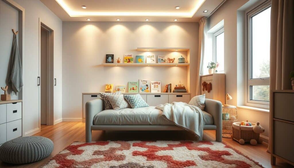 A cozy, well-lit children's room with soft, inviting textiles and gentle, ambient lighting. In the foreground, a plush, colorful rug covers the wooden floor, and a low, modern daybed is adorned with patterned throw pillows and a cozy blanket. In the middle ground, a built-in wall unit displays an array of children's books and decorative items, casting a warm glow from the recessed lighting above. The background features a large window, letting in natural light that illuminates the room, creating a serene and tranquil atmosphere. The overall scene conveys a sense of comfort, coziness, and a nurturing environment for a child. Realistic, high-resolution, 4K photographic quality. A cozy, well-lit children's room with soft, inviting textiles and gentle, ambient lighting. In the foreground, a plush, colorful rug covers the wooden floor, and a low, modern daybed is adorned with patterned throw pillows and a cozy blanket. In the middle ground, a built-in wall unit displays an array of children's books and decorative items, casting a warm glow from the recessed lighting above. The background features a large window, letting in natural light that illuminates the room, creating a serene and tranquil atmosphere. The overall scene conveys a sense of comfort, coziness, and a nurturing environment for a child. Realistic, high-resolution, 4K photographic quality.
