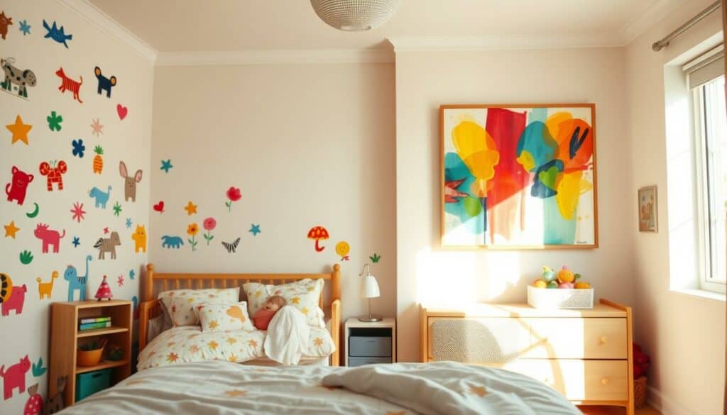 A cozy, well-lit child's bedroom with a focus on creative wall decor. In the foreground, vibrant, colorful wall stickers in whimsical animal and nature motifs adorn the walls, creating a playful, imaginative atmosphere. In the middle ground, a large, framed abstract painting in a mix of vibrant hues hangs on the wall, adding depth and visual interest. The background features soft, pastel-colored walls, with a window letting in natural light and casting a warm glow throughout the room. The overall mood is one of warmth, creativity, and the joy of childhood. A cozy, well-lit child's bedroom with a focus on creative wall decor. In the foreground, vibrant, colorful wall stickers in whimsical animal and nature motifs adorn the walls, creating a playful, imaginative atmosphere. In the middle ground, a large, framed abstract painting in a mix of vibrant hues hangs on the wall, adding depth and visual interest. The background features soft, pastel-colored walls, with a window letting in natural light and casting a warm glow throughout the room. The overall mood is one of warmth, creativity, and the joy of childhood.