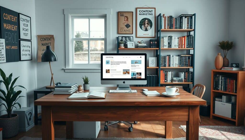 A cozy, well-lit home office space with a large wooden desk in the center. On the desk, an open laptop, a stack of notebooks, and a cup of coffee. In the background, various content marketing blog posts and articles are displayed on a computer screen, with a clean, minimalist design. The walls are adorned with motivational posters and shelves filled with books related to digital marketing and content strategy. The overall atmosphere is one of productive focus and inspiration, perfect for the article's subject matter.