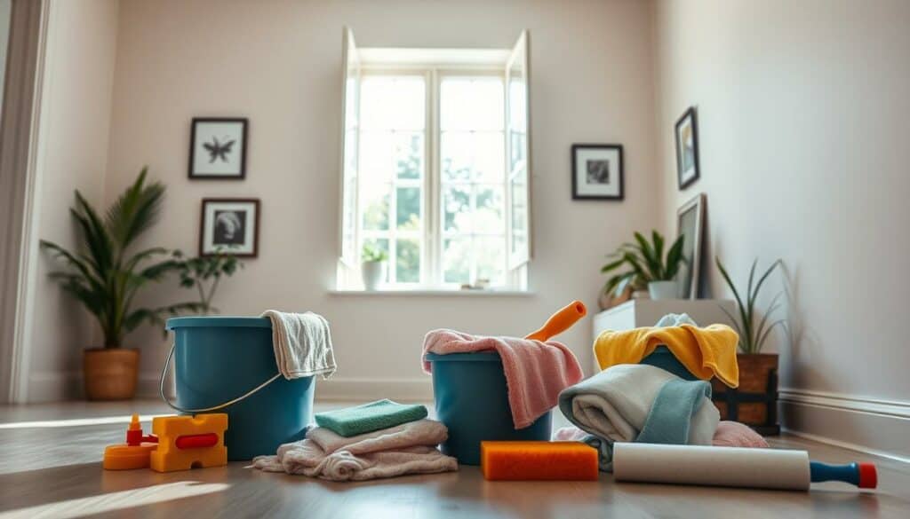A cozy, well-lit interior with a freshly painted wall in soft neutral tones, the surface smooth and gleaming. In the foreground, a variety of cleaning and maintenance supplies - a bucket, sponges, rags, and a paint roller - neatly arranged, conveying a sense of care and attention to detail. The middle ground features an open window, allowing natural light to flood the scene and highlighting the vibrant, healthy appearance of the wall. In the background, a few framed artworks or plants add subtle accents, creating a serene, harmonious atmosphere. The image should inspire a sense of pride and satisfaction in the process of properly caring for and maintaining a freshly painted interior space.