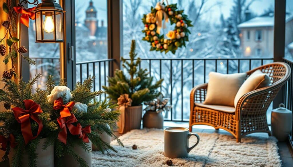 A cozy winter balcony scene, bathed in soft, golden light from a hanging lantern. In the foreground, an assortment of potted evergreens and holly branches adorned with festive ribbon bows. Trailing vines and pinecones add natural texture, while a plush, snow-dusted rug underfoot creates a warm, inviting atmosphere. The middle ground features a pair of wicker chairs topped with plush cushions, where a steaming mug of hot cocoa sits waiting. In the background, a wreath of pine and dried flowers hangs on the balcony railing, framing a snowy urban landscape beyond.