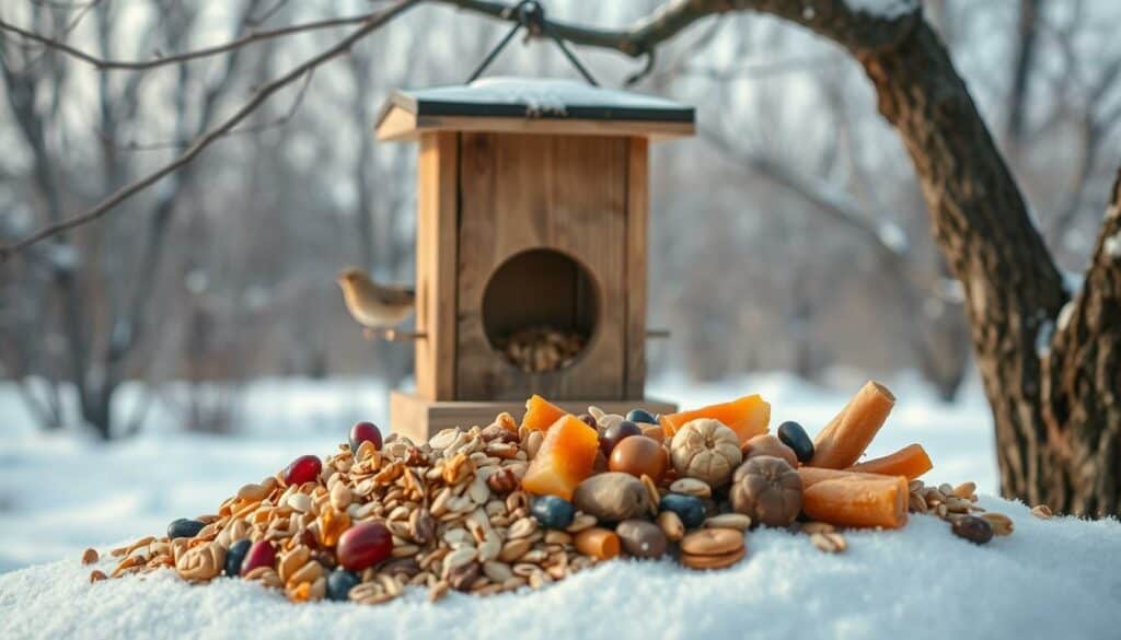 A cozy winter scene depicting a variety of tasty bird treats arranged in a rustic wooden feeder. The foreground features an assortment of seeds, suet, and dried fruits carefully placed to attract a variety of avian visitors. The middle ground shows the weathered feeder station, crafted from natural wood, suspended from a tree branch. In the background, a snowy landscape with bare trees and a soft overcast sky creates a serene and peaceful atmosphere. The lighting is soft and diffused, highlighting the natural textures and colors of the scene. The overall composition conveys a sense of warmth, comfort, and care for the local bird population during the harsh winter months. A cozy winter scene depicting a variety of tasty bird treats arranged in a rustic wooden feeder. The foreground features an assortment of seeds, suet, and dried fruits carefully placed to attract a variety of avian visitors. The middle ground shows the weathered feeder station, crafted from natural wood, suspended from a tree branch. In the background, a snowy landscape with bare trees and a soft overcast sky creates a serene and peaceful atmosphere. The lighting is soft and diffused, highlighting the natural textures and colors of the scene. The overall composition conveys a sense of warmth, comfort, and care for the local bird population during the harsh winter months.