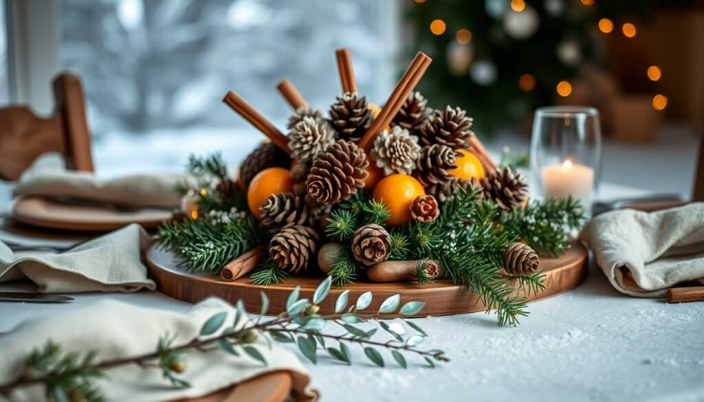 A cozy winter tablescape, adorned with natural elements: a centerpiece of pinecones, dried oranges, and cinnamon sticks, casting a warm glow under soft, diffused lighting. In the foreground, delicate sprigs of evergreen and a scattering of silver-tipped leaves, complemented by the muted tones of linen napkins and a wooden platter. The background features a subtle, snowy backdrop, evoking the tranquility of a winter wonderland. The overall scene radiates a sense of festive charm and rustic elegance, perfect for this season's intimate gatherings. A cozy winter tablescape, adorned with natural elements: a centerpiece of pinecones, dried oranges, and cinnamon sticks, casting a warm glow under soft, diffused lighting. In the foreground, delicate sprigs of evergreen and a scattering of silver-tipped leaves, complemented by the muted tones of linen napkins and a wooden platter. The background features a subtle, snowy backdrop, evoking the tranquility of a winter wonderland. The overall scene radiates a sense of festive charm and rustic elegance, perfect for this season's intimate gatherings.