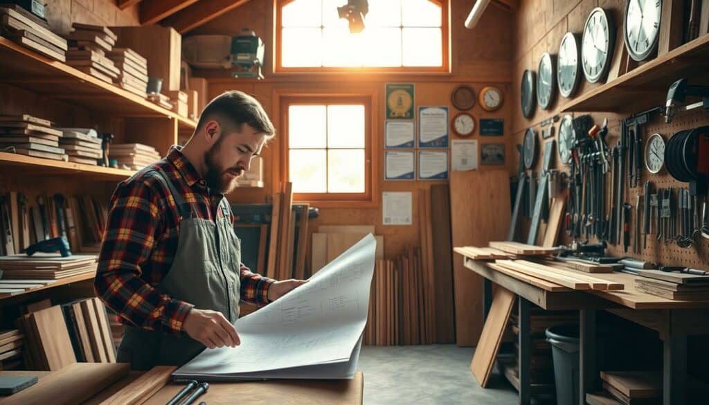 A cozy workshop with various tools and materials neatly organized on wooden shelves. Warm, natural lighting filters through a large window, casting a soft glow over the space. In the foreground, a craftsman carefully examines a blueprint, evaluating quality and attention to detail. The middle ground features an array of construction materials, including lumber, tiles, and hardware, symbolizing the diverse expertise required. The background showcases a wall adorned with certifications and awards, instilling a sense of professionalism and trusted reputation. The composition conveys a harmonious balance between skilled craftsmanship, comprehensive knowledge, and a well-equipped workspace - the key criteria for selecting the right tradesperson. A cozy workshop with various tools and materials neatly organized on wooden shelves. Warm, natural lighting filters through a large window, casting a soft glow over the space. In the foreground, a craftsman carefully examines a blueprint, evaluating quality and attention to detail. The middle ground features an array of construction materials, including lumber, tiles, and hardware, symbolizing the diverse expertise required. The background showcases a wall adorned with certifications and awards, instilling a sense of professionalism and trusted reputation. The composition conveys a harmonious balance between skilled craftsmanship, comprehensive knowledge, and a well-equipped workspace - the key criteria for selecting the right tradesperson.