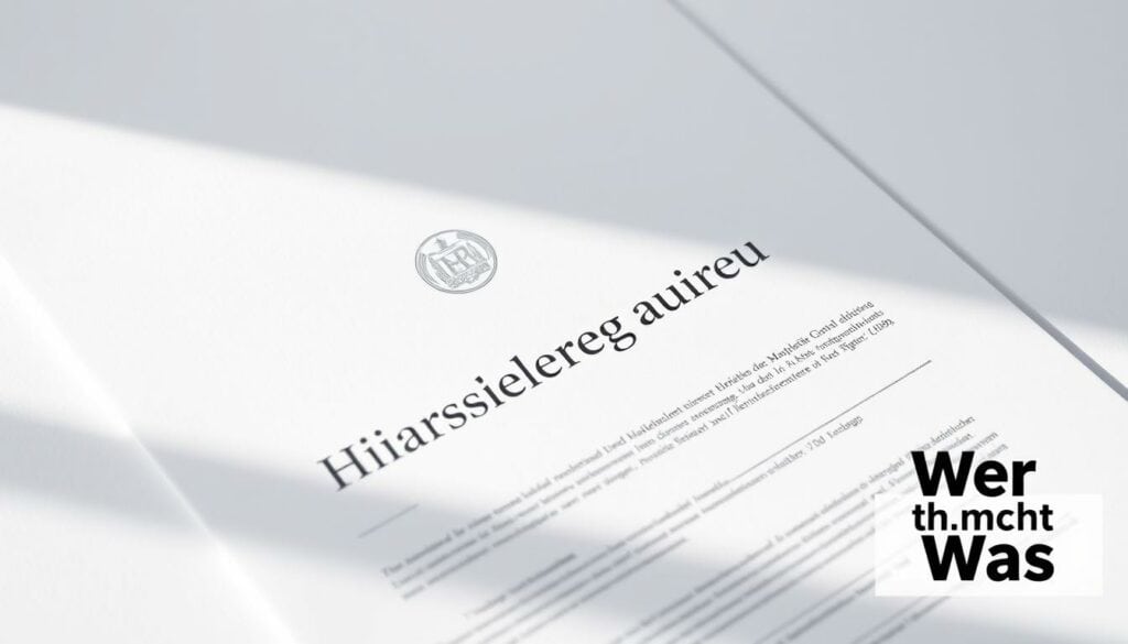 A crisp, clean closeup shot of a Handelsregisterauszug document, neatly laid out on a minimalist white background. The document's elegant typography and official insignia convey its authoritative nature. Bright, directional lighting casts subtle shadows, emphasizing the tactile texture of the paper. The composition is centered and balanced, creating a sense of professionalism and attention to detail. In the bottom right corner, the "Wer macht Was" brand logo is subtly incorporated, complementing the overall aesthetic. This image perfectly illustrates the section on understanding and obtaining a Handelsregisterauszug.