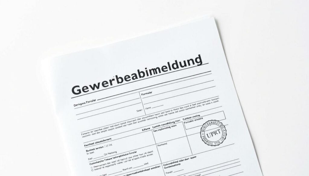 A crisp, high-resolution image of a government form titled "Gewerbeabmeldung Formular" (Business Deregistration Form) against a clean, bright background. The form should be centered and take up a significant portion of the frame, with a slight angle to add visual interest. The document should appear official and detailed, with precise lines, stamps, and official seals that convey its importance. The lighting should be soft and even, creating a professional and authoritative atmosphere. The overall composition should be clear, uncluttered, and designed to highlight the key elements of the form, making it an effective visual aid for the article's "Benötigte Unterlagen für die Gewerbeabmeldung" section.