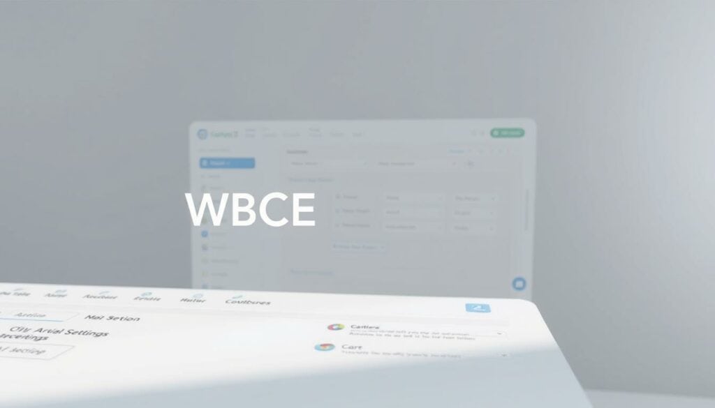 A crisp, well-lit 3D rendered scene of the WBCE administration interface, showcasing its clean, modern design. The foreground displays the main dashboard, with intuitive controls, neatly organized settings, and a responsive layout. The middle ground features a series of dropdown menus and tabs, allowing for seamless navigation through the CMS's various modules and tools. In the background, a subtle gradient or blurred pattern creates a sense of depth and professionalism. The overall scene exudes a sense of efficiency, user-friendliness, and the power of WBCE to manage website content with ease.