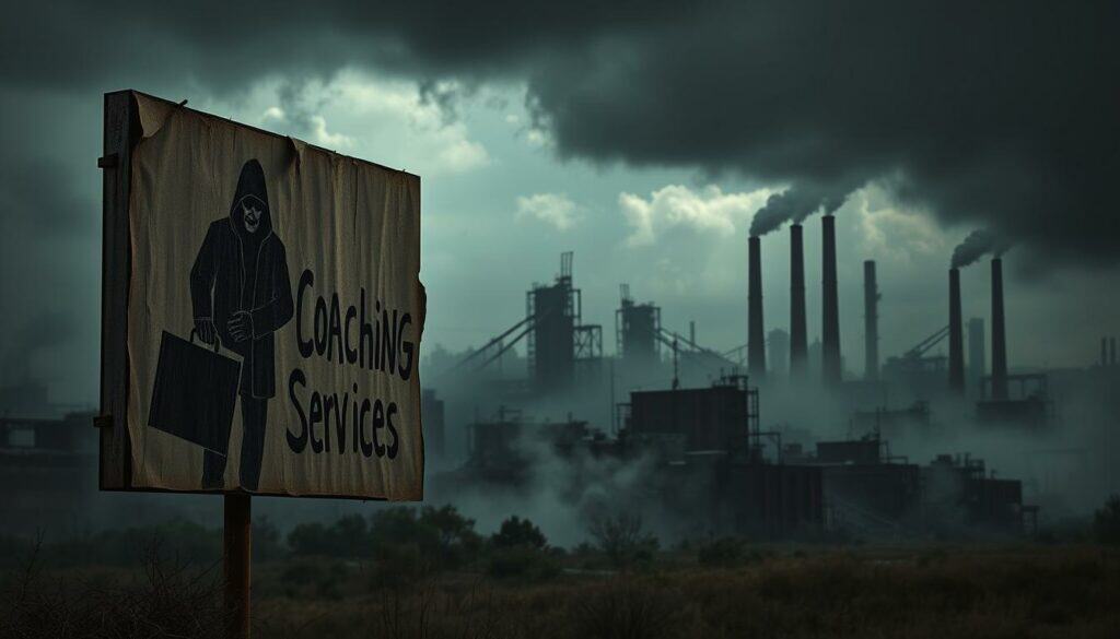 A dark and foreboding landscape, warning signs loom ominously on the horizon. In the foreground, a tattered billboard depicts a shady figure offering "Coaching Services" in a sketchy, hand-scrawled font. The middle ground is shrouded in an ominous mist, hinting at the deception and empty promises that lurk within. The background is a bleak, industrial cityscape, its towering smokestacks and dilapidated buildings casting long, foreboding shadows. The lighting is dramatic, with harsh contrasts and deep shadows, creating a sense of unease and suspicion. The overall mood is one of caution and distrust, a clear warning to those seeking coaching services to beware of potential scams and charlatans.