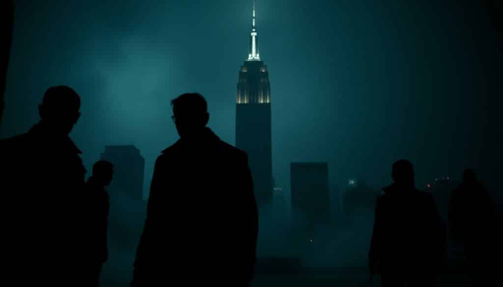A dark, moody cinematic scene featuring iconic thriller movie characters in a shadowy, high-contrast environment. In the foreground, silhouettes of sinister figures lurk, their faces obscured by dramatic lighting. In the middle ground, a towering skyscraper or city skyline looms, bathed in an ominous, neon-tinged atmosphere. The background is shrouded in a sense of mystery and foreboding, with hints of unseen dangers lurking in the shadows. The overall aesthetic evokes a sense of suspense, danger, and the thrill of the unknown - capturing the essence of the greatest cult classic thriller films.