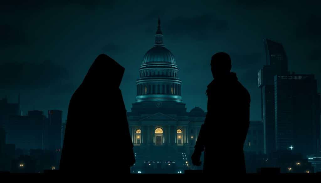 A dark, ominous cityscape of Coruscant at night, with the iconic domed Senate building and towering skyscrapers in the background. In the foreground, the silhouettes of two figures, one cloaked and mysterious, the other with a distinctive Rebel Alliance insignia, stand facing each other, poised for action. Dramatic lighting casts deep shadows, creating a moody, suspenseful atmosphere. The scene suggests the high-stakes political intrigue and daring espionage of the upcoming "Star Wars: Andor" season 2.