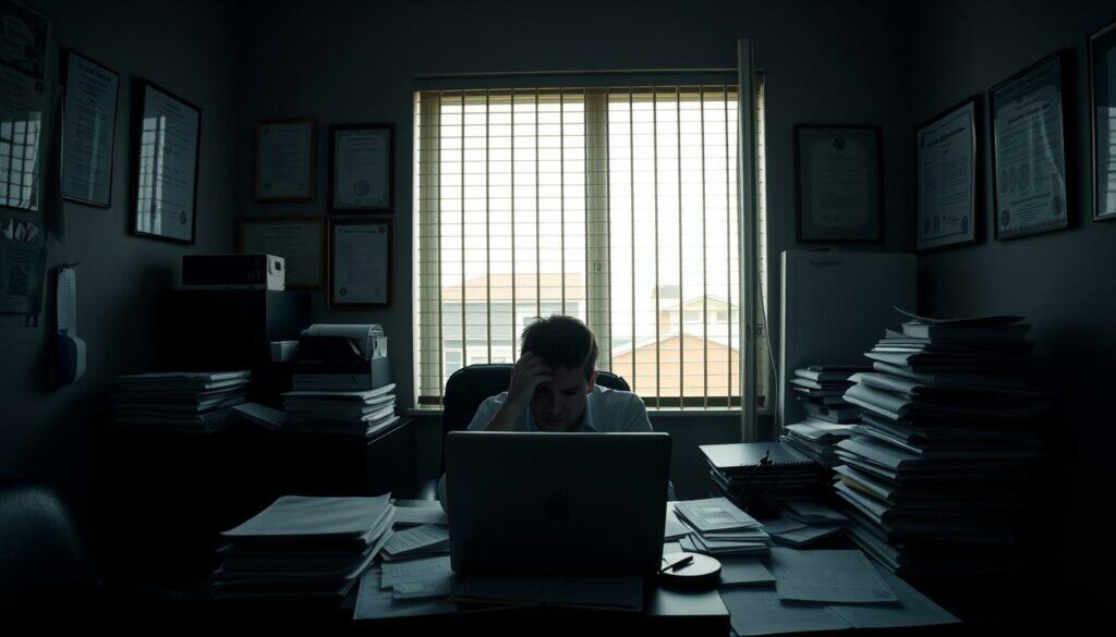 A darkened medical office, the wall adorned with charts and certificates. In the center, a stressed-looking person sits at a cluttered desk, surrounded by stacks of paperwork and a laptop displaying complex health insurance information. Muted light filters through the blinds, casting shadows across the face of the individual, conveying a sense of uncertainty and trepidation. The atmosphere is one of bureaucratic complexity and the potential challenges of navigating a health insurance change. A darkened medical office, the wall adorned with charts and certificates. In the center, a stressed-looking person sits at a cluttered desk, surrounded by stacks of paperwork and a laptop displaying complex health insurance information. Muted light filters through the blinds, casting shadows across the face of the individual, conveying a sense of uncertainty and trepidation. The atmosphere is one of bureaucratic complexity and the potential challenges of navigating a health insurance change.