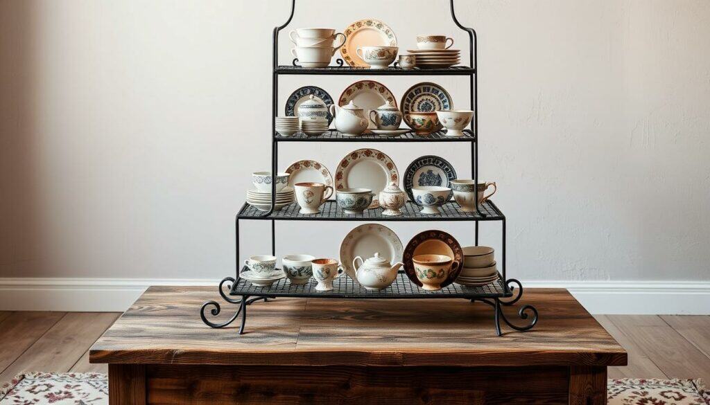 A decorative tiered etagere stands elegantly on a rustic wooden coffee table, its tiered shelves displaying an artful arrangement of vintage plates, bowls, and cups. The soft, warm lighting from above casts a cozy glow, illuminating the intricate patterns and textures of the antique dishware. The etagere's wrought-iron frame, in a weathered black finish, complements the natural wood tones of the table. In the background, a neutral wall provides a simple backdrop, allowing the vintage-inspired display to take center stage. The overall composition exudes a sense of timeless charm and effortless style, capturing the essence of the article's "Dekorations- und Styling-Ideen für deine selbstgemachte Etagere" theme.