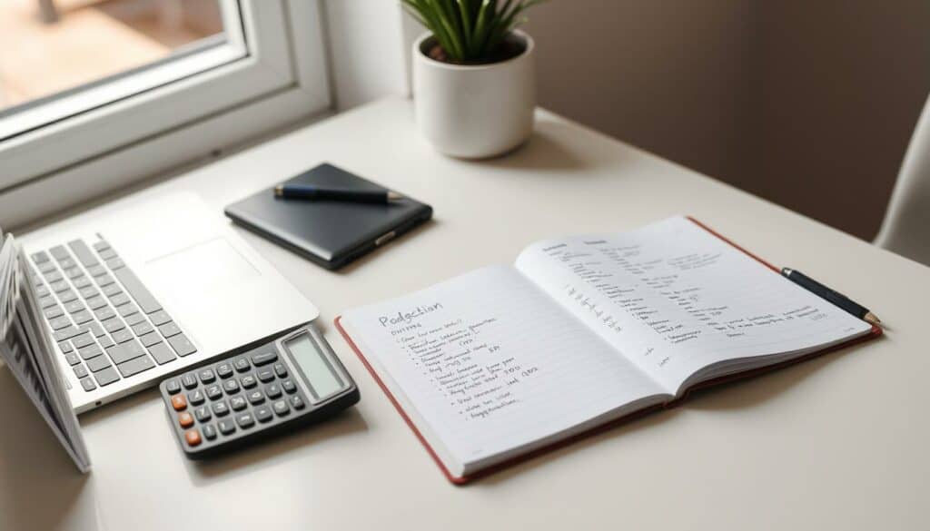 A detailed budgeting plan with neatly arranged financial elements. A clean, minimalist desktop with an open laptop, a calculator, and an open notebook showcasing handwritten notes and calculations. Soft natural lighting from a window illuminates the scene, creating a serene and organized atmosphere. The layout is visually balanced, with each component strategically placed to convey a sense of financial planning and control. The overall impression is one of efficiency, attention to detail, and a well-structured approach to personal or business budgeting.