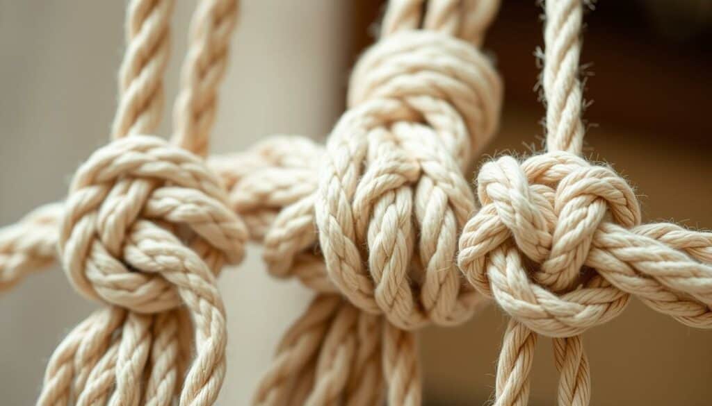 A detailed close-up shot of various macrame knots, including the square knot, the spiral knot, and the half hitch knot. The knots are rendered in natural light, with a soft, diffused lighting that highlights the intricate textures and patterns of the twisted cords. The image is focused on the foreground, with a shallow depth of field that blurs the background, creating a sense of depth and focus on the knot details. The overall mood is one of craftsmanship and handmade artistry, reflecting the DIY nature of the subject matter. A detailed close-up shot of various macrame knots, including the square knot, the spiral knot, and the half hitch knot. The knots are rendered in natural light, with a soft, diffused lighting that highlights the intricate textures and patterns of the twisted cords. The image is focused on the foreground, with a shallow depth of field that blurs the background, creating a sense of depth and focus on the knot details. The overall mood is one of craftsmanship and handmade artistry, reflecting the DIY nature of the subject matter.