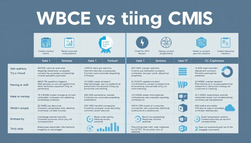 A detailed comparison between the content management system WBCE and other leading CMS platforms. Set in a minimalist, data-driven infographic style with clean typography, geometric shapes, and a muted color palette of blues, grays, and whites. Arranged in a grid layout with icons, charts, and graphs highlighting key features, performance metrics, and user statistics. Smooth, even lighting creates a sleek, professional tone, shot with a wide-angle lens to capture the full breadth of information. The overall mood is analytical, informative, and visually compelling, designed to showcase the strengths and differentiators of WBCE against its competitors.