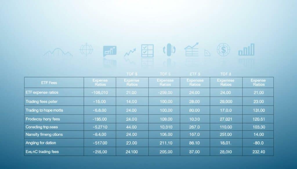A detailed comparison of ETF fees and costs, presented in a clean, data-driven infographic. The foreground features a minimalist table or chart showcasing various ETF expense ratios, trading fees, and other relevant financial metrics in a clear, easy-to-understand format. The middle ground depicts stylized financial icons, graphs, and symbols to reinforce the subject matter. The background subtly blends shades of blue and gray, creating a professional, institutional atmosphere. Soft lighting from the upper left casts an even glow across the scene, highlighting the key information. The overall tone is informative, analytical, and trustworthy, supporting the article's goal of explaining ETF costs to newcomers. A detailed comparison of ETF fees and costs, presented in a clean, data-driven infographic. The foreground features a minimalist table or chart showcasing various ETF expense ratios, trading fees, and other relevant financial metrics in a clear, easy-to-understand format. The middle ground depicts stylized financial icons, graphs, and symbols to reinforce the subject matter. The background subtly blends shades of blue and gray, creating a professional, institutional atmosphere. Soft lighting from the upper left casts an even glow across the scene, highlighting the key information. The overall tone is informative, analytical, and trustworthy, supporting the article's goal of explaining ETF costs to newcomers.
