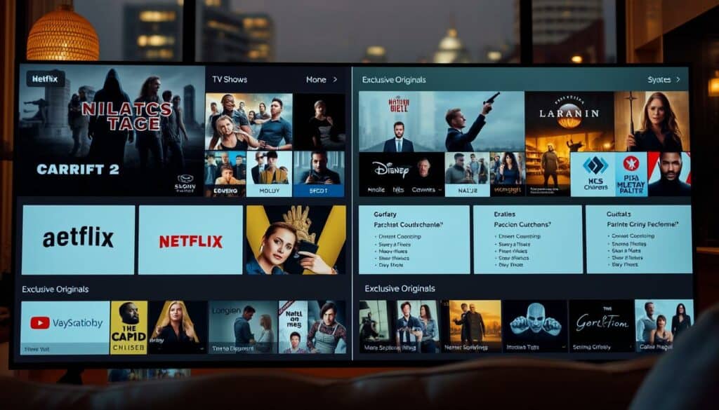 A detailed comparison of major streaming services in 2025, showcasing their diverse content libraries and subscription options. A sleek, modern interface displaying neatly organized tiles for various TV shows, movies, and exclusive originals, with clean typography and intuitive navigation. The scene is bathed in warm, soft lighting, creating a cozy, inviting atmosphere that reflects the comfort of on-demand entertainment. The background features a blurred cityscape, hinting at the global reach and ubiquity of these streaming platforms. A sense of choice and personalization pervades the image, embodying the evolving landscape of the modern viewing experience.