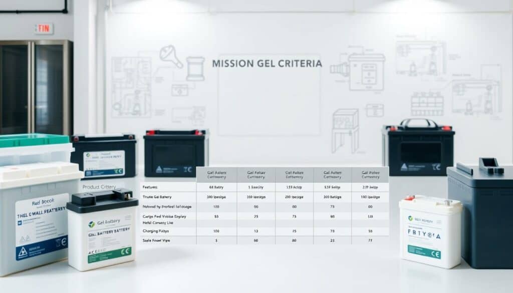A detailed comparison of purchasing criteria for gel batteries, with a clean, modern layout. In the foreground, various gel battery types are displayed, their features and performance metrics highlighted. The middle ground showcases a product comparison table, enabling side-by-side evaluation of key criteria like capacity, lifespan, and charging efficiency. In the background, a minimalist industrial setting with subtle technical diagrams and engineering schematics, conveying the technical expertise behind the product selection. Soft, neutral lighting illuminates the scene, creating a professional, informative atmosphere. The overall composition emphasizes the importance of informed purchasing decisions for mission-critical gel battery investments.