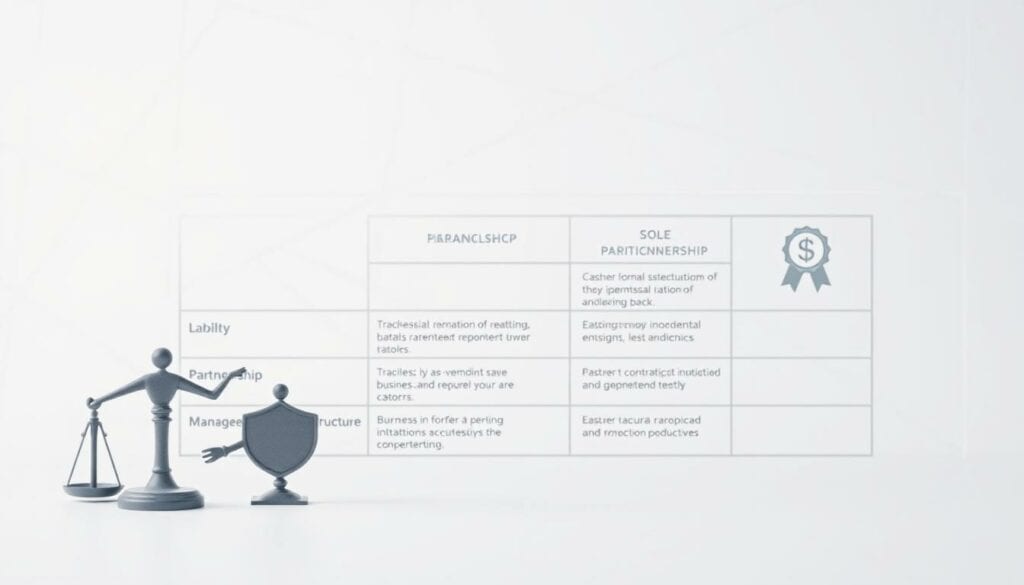 A detailed comparison of various legal forms, presented in a clean and professional style. In the foreground, elegant icons or symbols representing different business structures, such as a corporate logo, partnership handshake, and sole proprietorship badge. The middle ground features a tabular layout showcasing key attributes like liability, taxation, and management structure for each legal form. The background is a neutral, light-colored backdrop with subtle grid lines or geometric patterns, creating a sense of organization and balance. The overall mood is informative, analytical, and visually engaging, suitable for illustrating a section on the costs of GmbH formation.