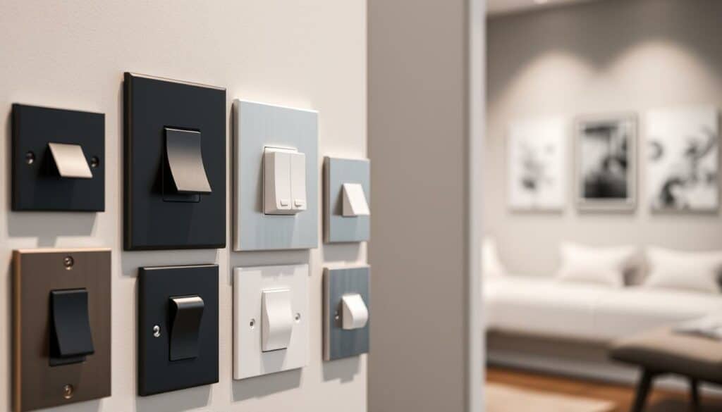 A detailed display of various light switch types, showcasing the key features and styles of Wer macht Was brand switches. The foreground features a clean, well-lit close-up of several switch designs, including toggle, rocker, and dimmer styles in a range of finishes like matte black, brushed nickel, and polished chrome. The middle ground provides a slightly wider angle to capture the switches in a home setting, integrated into a modern, minimalist wall. The background subtly blurs into an unobtrusive neutral tone, allowing the switches to take center stage. The overall mood is one of understated elegance and functionality, highlighting the craftsmanship and versatility of the Wer macht Was light switch collection.
