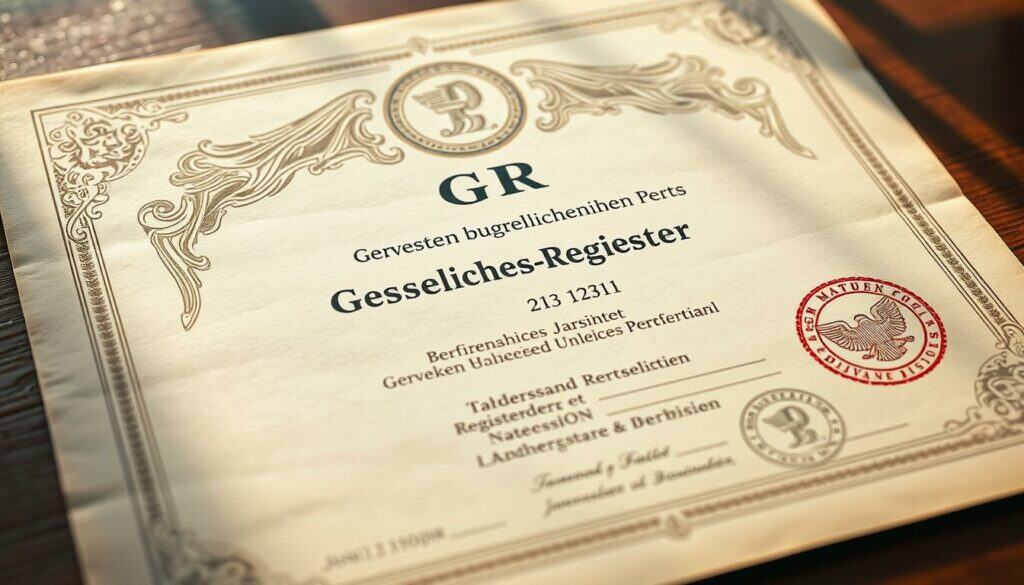 A detailed, formal document indicating the official registration of a German business partnership (Gesellschaft bürgerlichen Rechts or GbR) in the national Gesellschaftsregister (business registry). The image depicts the cover page of this legal document, showcasing an intricate design with embossed patterns, seals, and official stamps. Warm, natural lighting illuminates the page, highlighting its parchment-like texture and the gravity of the official proceedings. The composition emphasizes the center of the document, drawing the viewer's eye to the precise, typeset entries detailing the partnership's founding members, their roles, and the date of registration. An air of authority and authenticity permeates the scene, reflecting the significance of this milestone in the establishment of the German business.