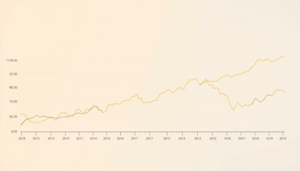 A detailed, high-quality chart depicting the historical development of gold prices, showcasing the fluctuations and trends over an extended period. The chart should feature a clean, minimalist design with a neutral color palette, allowing the data visualization to take center stage. The background should be a subtle, light-colored gradient, providing a serene and unobtrusive backdrop. The lines and data points should be rendered in a visually appealing manner, with distinct yet harmonious colors representing different time periods or milestones. The overall composition should convey a sense of professionalism, financial analysis, and a deep understanding of the gold market's historical performance.