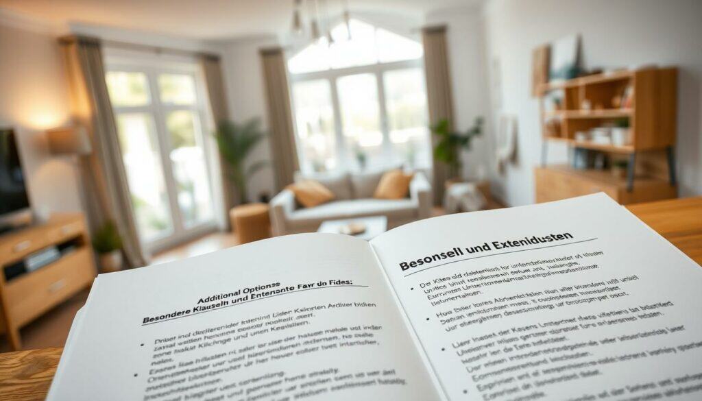 A detailed, high-quality image of additional options in a home contents insurance policy. The foreground shows an open insurance document with various clauses and riders highlighted, representing the "Besondere Klauseln und Erweiterungen" section. The middle ground features a well-organized home interior with modern furniture and decor, conveying the importance of comprehensive home coverage. The background depicts a warm, inviting living space with natural lighting filtering through large windows. The overall mood is one of reassurance and attention to detail, reflecting the nuances of a robust home contents insurance plan. A detailed, high-quality image of additional options in a home contents insurance policy. The foreground shows an open insurance document with various clauses and riders highlighted, representing the "Besondere Klauseln und Erweiterungen" section. The middle ground features a well-organized home interior with modern furniture and decor, conveying the importance of comprehensive home coverage. The background depicts a warm, inviting living space with natural lighting filtering through large windows. The overall mood is one of reassurance and attention to detail, reflecting the nuances of a robust home contents insurance plan.