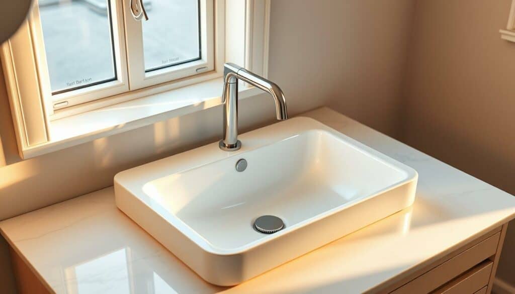 A detailed, high-resolution 4K photographic scene of a modern bathroom vanity top with a built-in undermount sink and a sleek chrome faucet assembly. The sink is positioned on a clean, white marble countertop, with ample space around it for toiletries and accessories. Warm, natural lighting from a window softly illuminates the scene, creating a serene and inviting atmosphere. The faucet features simple, minimalist lines that complement the overall aesthetic. The camera angle captures the installation process, showcasing the proper mounting of the sink and faucet with precision and care. A detailed, high-resolution 4K photographic scene of a modern bathroom vanity top with a built-in undermount sink and a sleek chrome faucet assembly. The sink is positioned on a clean, white marble countertop, with ample space around it for toiletries and accessories. Warm, natural lighting from a window softly illuminates the scene, creating a serene and inviting atmosphere. The faucet features simple, minimalist lines that complement the overall aesthetic. The camera angle captures the installation process, showcasing the proper mounting of the sink and faucet with precision and care.