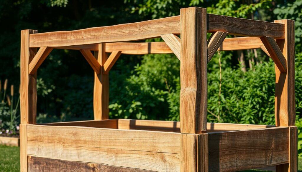 A detailed, high-resolution photographic image of a sturdy, rustic wooden frame structure, designed to support and enclose a raised garden bed. The frame features thick, weathered wooden beams and sturdy cross-supports, creating a solid and durable structure. The frame is placed outdoors, in a lush, green garden setting, with natural sunlight casting warm, realistic shadows across the wood. The overall composition emphasizes the frame's function as a practical, yet visually appealing, foundation for a sustainable raised garden bed. The image conveys a sense of simplicity, craftsmanship, and harmony with the natural environment.