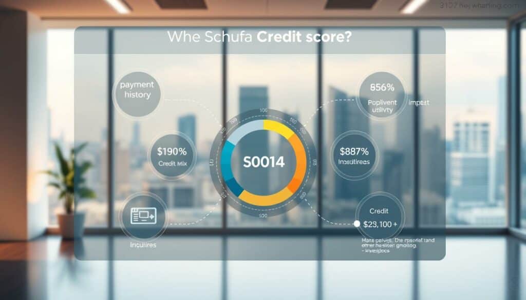 A detailed illustration of the key factors influencing an individual's Schufa credit score. The image depicts a modern financial dashboard with clear infographic elements. In the foreground, a series of circular data visualizations showcase the weighted impact of payment history, credit utilization, credit mix, and credit inquiries. The middle ground features a centralized Schufa score dial, surrounded by numerical stats and icons representing the underlying credit-related behaviors. The background showcases a clean, minimalist office environment with a large window overlooking an urban skyline, conveying a sense of professionalism and financial stability. Soft, warm lighting and a subtle depth of field create a polished, authoritative aesthetic. A detailed illustration of the key factors influencing an individual's Schufa credit score. The image depicts a modern financial dashboard with clear infographic elements. In the foreground, a series of circular data visualizations showcase the weighted impact of payment history, credit utilization, credit mix, and credit inquiries. The middle ground features a centralized Schufa score dial, surrounded by numerical stats and icons representing the underlying credit-related behaviors. The background showcases a clean, minimalist office environment with a large window overlooking an urban skyline, conveying a sense of professionalism and financial stability. Soft, warm lighting and a subtle depth of field create a polished, authoritative aesthetic.