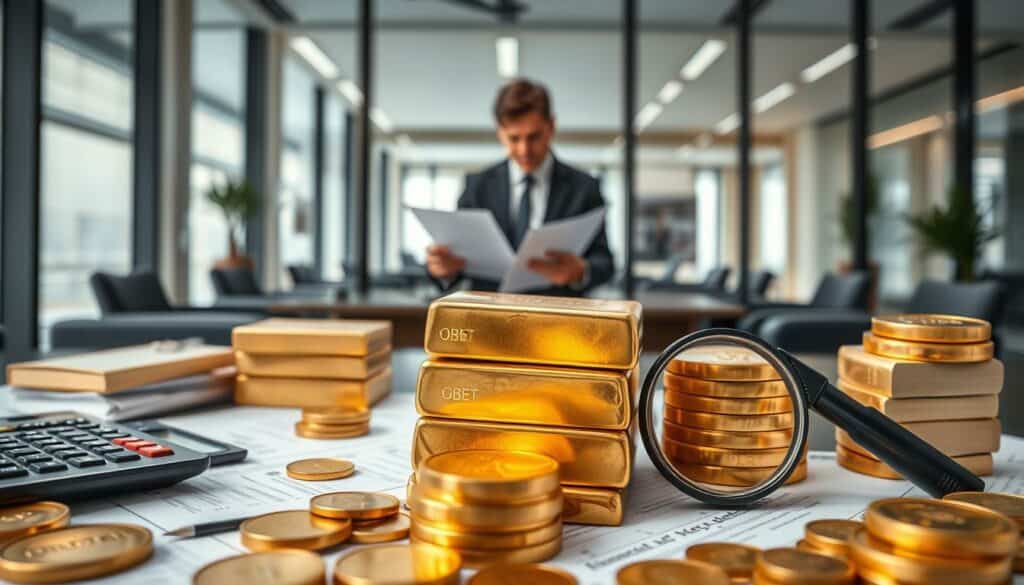 A detailed illustration of the tax implications of gold investments in Germany. A high-contrast, realistic composition with a foreground featuring stacks of gold bars and coins, surrounded by financial documents, calculators, and a magnifying glass. The middle ground depicts an official-looking figure in a suit reviewing paperwork, set against a backdrop of a modern office interior with sleek furniture and large windows. Subtle lighting emphasizes the textures and sheen of the gold, creating a sense of wealth and prosperity. The overall mood is authoritative and informative, reflecting the serious, meticulous nature of the financial and legal aspects of gold investing.