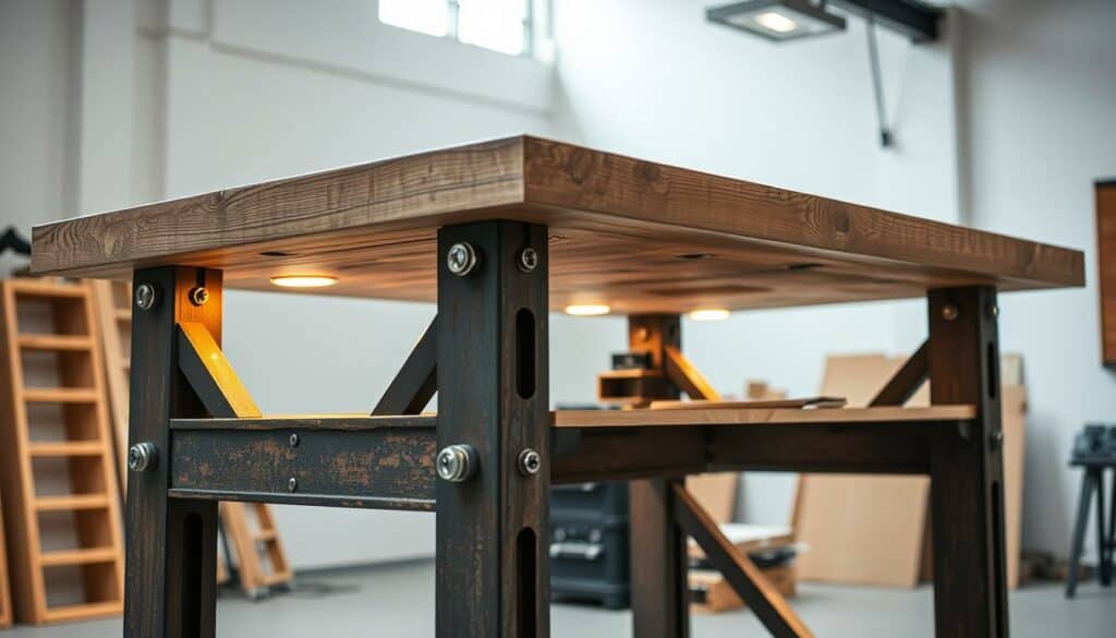 A detailed, industrial-style workstation constructed from rugged, weathered materials. The sturdy wooden desktop rests atop a steel frame with interlocking geometric forms, creating a bold, structural aesthetic. Warm lighting from overhead casts a soft glow, accentuating the rugged textures and neutral tones. Metallic accents, such as exposed bolt heads and brackets, lend an authentic, handcrafted feel. Positioned in an airy, well-lit studio space, the DIY desk commands attention as the central focus, reflecting the precision and care of its construction.