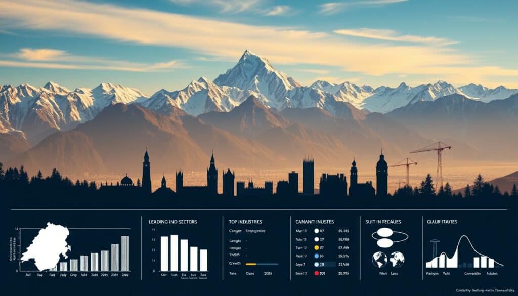 A detailed infographic showing the leading industries and sectors in Switzerland, set against a backdrop of the Swiss Alps and major cities. The foreground features a clean, minimalist data visualization with charts, graphs, and icons representing the top industries by revenue, employment, and growth. The middle ground showcases silhouettes of iconic Swiss landmarks and architecture. The background is a breathtaking landscape of snow-capped peaks, alpine forests, and glistening lakes, all bathed in warm, golden lighting. The overall aesthetic is sleek, sophisticated, and distinctly Swiss, reflecting the nation's precision, innovation, and economic strength across diverse sectors.