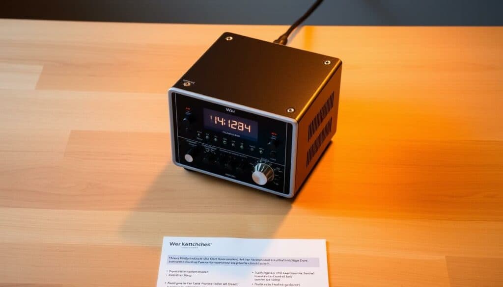 A detailed installation guide for the "Wer macht Was" Katzenschreck device. Positioned on a wooden table, the sleek and compact device sits atop a neutral-colored background. The front of the device features an array of controls, dials, and status indicators, showcasing its technical sophistication. Warm, directional lighting illuminates the scene, casting subtle shadows and highlighting the intricate details. The image conveys a sense of functionality and ease of use, reflecting the instructions for proper installation and operation of the Katzenschreck system.
