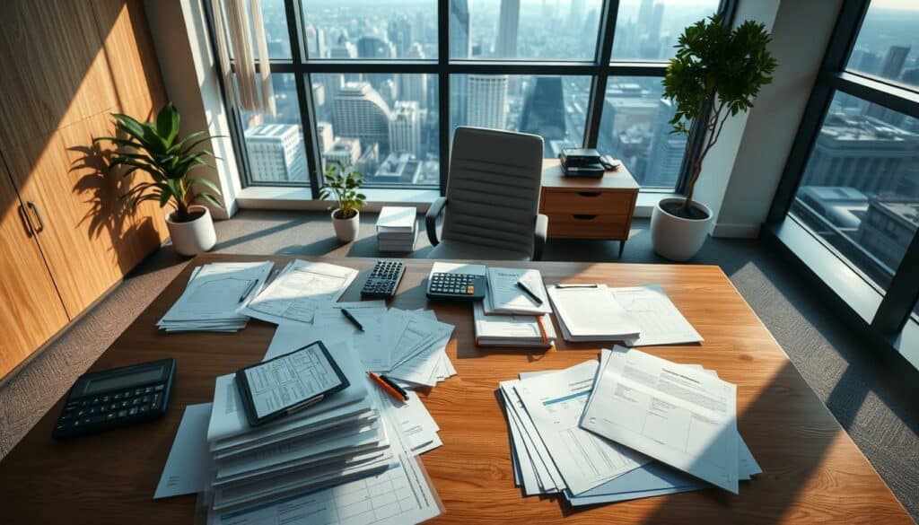 A detailed overhead view of a modern corporate office interior, focused on a large oak desk with a computer, paperwork, and a calculator. The lighting is soft and natural, casting gentle shadows. In the foreground, a neatly organized array of financial documents and ledgers are arranged, conveying a sense of precision and diligence. The middle ground features a sleek, minimalist office chair and a potted plant, while the background showcases floor-to-ceiling windows overlooking a bustling city skyline. The overall atmosphere is one of focused professionalism and attention to detail, perfectly capturing the essence of "Berechnung Notarkosten GmbH". A detailed overhead view of a modern corporate office interior, focused on a large oak desk with a computer, paperwork, and a calculator. The lighting is soft and natural, casting gentle shadows. In the foreground, a neatly organized array of financial documents and ledgers are arranged, conveying a sense of precision and diligence. The middle ground features a sleek, minimalist office chair and a potted plant, while the background showcases floor-to-ceiling windows overlooking a bustling city skyline. The overall atmosphere is one of focused professionalism and attention to detail, perfectly capturing the essence of "Berechnung Notarkosten GmbH".