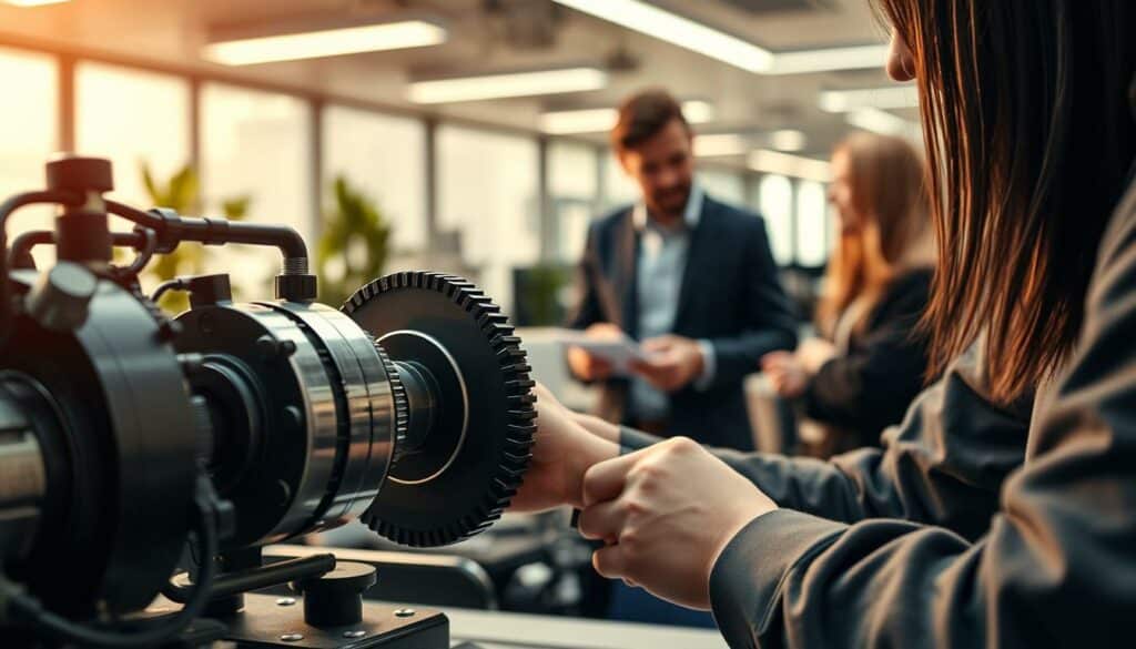 A detailed scene depicting the harmonious blend of hard and soft skills. In the foreground, a person's hands skillfully manipulate a complex mechanical device, representing the technical proficiency of hard skills. In the middle ground, the same person engages in a thoughtful discussion with colleagues, showcasing their interpersonal communication, problem-solving, and leadership - the soft skills. The background is a modern, well-lit office environment, hinting at the professional context where this balanced set of abilities thrives. Warm lighting and muted tones create a sense of focus and collaboration, underscoring the synergy between the two skill sets. The overall composition conveys the power of combining practical expertise with emotional intelligence to achieve exceptional performance and professional growth. A detailed scene depicting the harmonious blend of hard and soft skills. In the foreground, a person's hands skillfully manipulate a complex mechanical device, representing the technical proficiency of hard skills. In the middle ground, the same person engages in a thoughtful discussion with colleagues, showcasing their interpersonal communication, problem-solving, and leadership - the soft skills. The background is a modern, well-lit office environment, hinting at the professional context where this balanced set of abilities thrives. Warm lighting and muted tones create a sense of focus and collaboration, underscoring the synergy between the two skill sets. The overall composition conveys the power of combining practical expertise with emotional intelligence to achieve exceptional performance and professional growth.