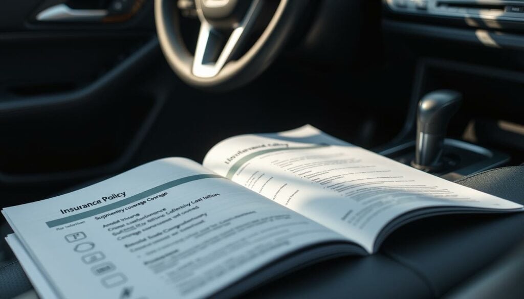 A detailed, well-lit insurance policy document resting on a sleek, dark gray car interior. The policy pages are open, showcasing various supplementary coverage options for the vehicle. The lighting is soft, natural, and highlights the textures of the materials. The angle captures the document in the foreground, with the car's dashboard and steering wheel visible in the background, creating a sense of context and relevance. The overall mood is professional, informative, and visually appealing, drawing the viewer's attention to the key supplementary coverage features. A detailed, well-lit insurance policy document resting on a sleek, dark gray car interior. The policy pages are open, showcasing various supplementary coverage options for the vehicle. The lighting is soft, natural, and highlights the textures of the materials. The angle captures the document in the foreground, with the car's dashboard and steering wheel visible in the background, creating a sense of context and relevance. The overall mood is professional, informative, and visually appealing, drawing the viewer's attention to the key supplementary coverage features.