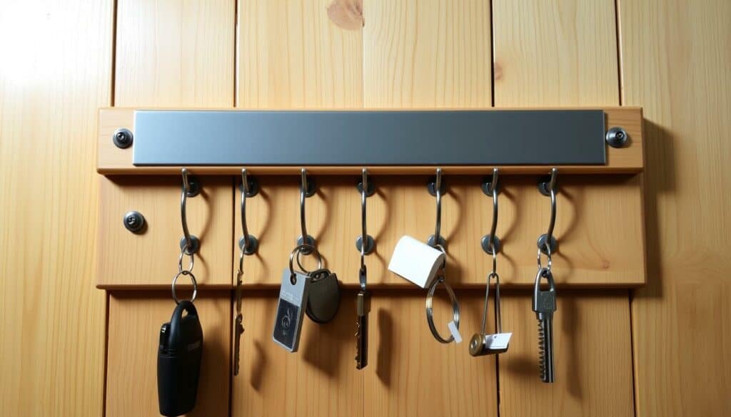 A detailed, well-lit photograph of a handmade key holder with a magnetic strip mounted on a wooden wall. The key holder features several metal hooks arranged in a symmetrical pattern, allowing for easy and organized storage of keys. The magnetic strip runs horizontally across the top, providing a convenient place to attach notes, reminders, or small items. The wooden wall has a natural, rustic finish, creating a warm and inviting atmosphere. The lighting is soft and diffused, highlighting the textures and colors of the materials used. The overall composition is balanced and visually appealing, showcasing the functionality and craftsmanship of the key holder. A detailed, well-lit photograph of a handmade key holder with a magnetic strip mounted on a wooden wall. The key holder features several metal hooks arranged in a symmetrical pattern, allowing for easy and organized storage of keys. The magnetic strip runs horizontally across the top, providing a convenient place to attach notes, reminders, or small items. The wooden wall has a natural, rustic finish, creating a warm and inviting atmosphere. The lighting is soft and diffused, highlighting the textures and colors of the materials used. The overall composition is balanced and visually appealing, showcasing the functionality and craftsmanship of the key holder.