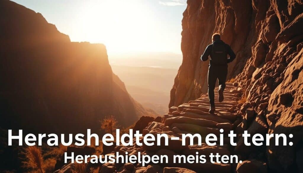 A determined individual navigates a winding, rocky path, overcoming obstacles and challenges with resolve. The scene is bathed in warm, golden light, casting a sense of triumph and perseverance. In the middle ground, a towering cliff face represents the daunting hurdles to be conquered, while the distant horizon suggests a promising future beyond. The figure moves with purpose, their silhouette strong and unwavering, symbolizing the resilience and self-mastery required to "Herausforderungen meistern" - to master the challenges that life presents.