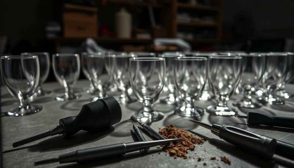 A dimly lit glass workshop, the surface covered in a selection of drinking glasses awaiting their transformation. Soft, diffused lighting illuminates the scene, casting gentle shadows that accentuate the curves and contours of the vessels. In the foreground, a collection of etching tools and abrasive materials are neatly arranged, ready to be employed in the delicate process of glass engraving. The middle ground features the glasses themselves, their pristine surfaces primed and prepared for the intricate designs that will soon be carved into them. In the background, a blurred yet recognizable workbench and shelves suggest a well-equipped workspace dedicated to the art of personalized glassware. The overall atmosphere is one of focused, meticulous preparation, setting the stage for the creative expression to come. A dimly lit glass workshop, the surface covered in a selection of drinking glasses awaiting their transformation. Soft, diffused lighting illuminates the scene, casting gentle shadows that accentuate the curves and contours of the vessels. In the foreground, a collection of etching tools and abrasive materials are neatly arranged, ready to be employed in the delicate process of glass engraving. The middle ground features the glasses themselves, their pristine surfaces primed and prepared for the intricate designs that will soon be carved into them. In the background, a blurred yet recognizable workbench and shelves suggest a well-equipped workspace dedicated to the art of personalized glassware. The overall atmosphere is one of focused, meticulous preparation, setting the stage for the creative expression to come.