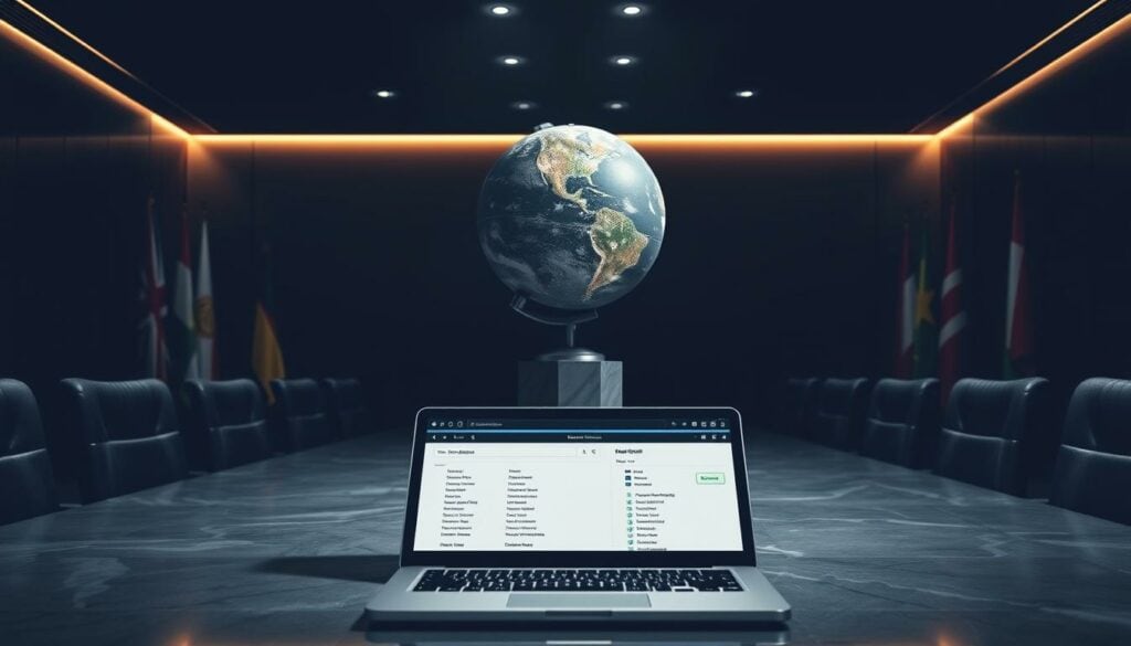 A dimly lit international business conference room, with a towering globe sculpture on a sleek marble table as the centerpiece. In the foreground, an open laptop displays search results from various national business registries, reflecting the global nature of modern commerce. Sophisticated lighting casts dramatic shadows, conveying the gravity and complexity of international trade research. The walls are adorned with flags from around the world, emphasizing the global perspective. An atmosphere of professional deliberation and intellectual inquiry pervades the scene, appropriate for illustrating the "Internationale Handelsregistersuche" section of the article. A dimly lit international business conference room, with a towering globe sculpture on a sleek marble table as the centerpiece. In the foreground, an open laptop displays search results from various national business registries, reflecting the global nature of modern commerce. Sophisticated lighting casts dramatic shadows, conveying the gravity and complexity of international trade research. The walls are adorned with flags from around the world, emphasizing the global perspective. An atmosphere of professional deliberation and intellectual inquiry pervades the scene, appropriate for illustrating the "Internationale Handelsregistersuche" section of the article.