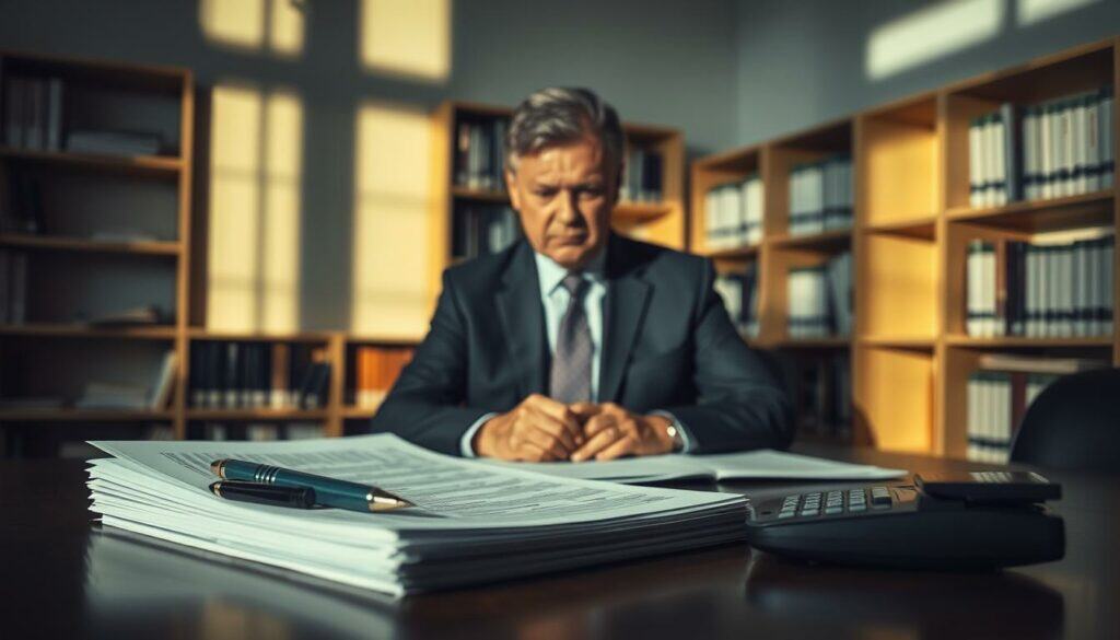A dimly lit office interior, with a desk in the foreground featuring a stack of documents, a pen, and a calculator. In the middle ground, a stern-looking middle-aged person, dressed in a formal suit, appears to be reviewing the paperwork intently. The background features a bookshelves lining the walls, casting soft shadows across the scene. The overall atmosphere is one of seriousness and attention to detail, conveying the sense of obligation and importance associated with the legal requirement for tax consulting. A dimly lit office interior, with a desk in the foreground featuring a stack of documents, a pen, and a calculator. In the middle ground, a stern-looking middle-aged person, dressed in a formal suit, appears to be reviewing the paperwork intently. The background features a bookshelves lining the walls, casting soft shadows across the scene. The overall atmosphere is one of seriousness and attention to detail, conveying the sense of obligation and importance associated with the legal requirement for tax consulting.
