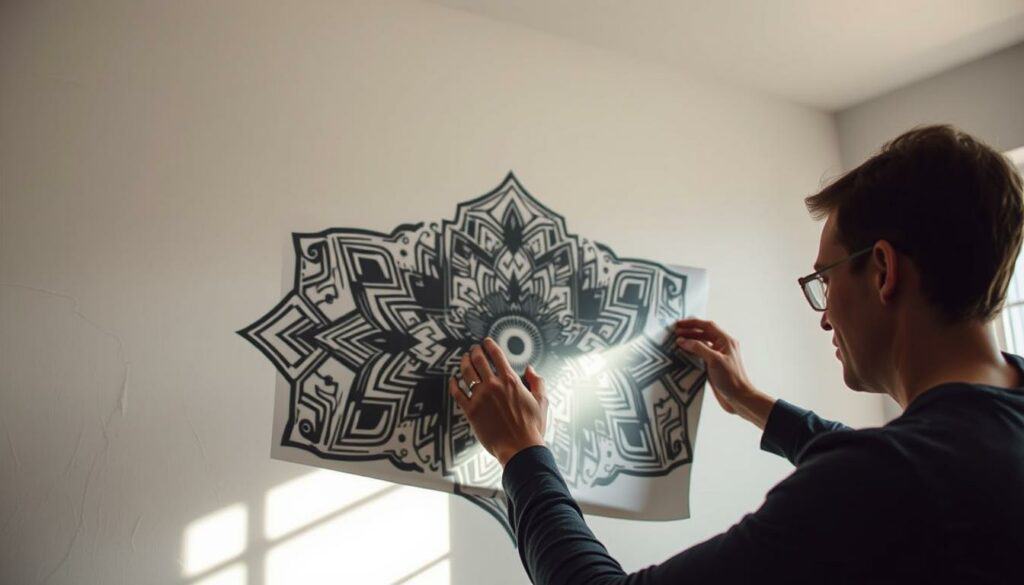 A dimly lit room, with a modern, minimalist aesthetic. In the foreground, a person carefully aligns a large, intricate vinyl wall decal, their hands delicately smoothing the edges for a flawless application. The decal features a striking, geometric pattern in shades of gray and black, complementing the neutral tones of the room. Soft, diffused lighting from a nearby window casts a warm, natural glow, illuminating the focused expression of the person as they meticulously position the decal. The background is a clean, white wall, allowing the decal to stand out as the central focus of the scene. The overall atmosphere is one of concentration, attention to detail, and a sense of personal creativity and accomplishment.