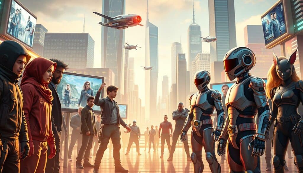 A diverse array of TV shows and characters gather in a vibrant, futuristic cityscape. In the foreground, various protagonists stand out, each with a distinct visual style and personality - a cyberpunk hacker, a medieval fantasy warrior, a quirky sci-fi robot. In the middle ground, holographic screens display snippets of different series, teasing the breadth of content. The background is a sleek, neon-lit metropolis, with towering skyscrapers and hovercraft zipping through the air, conveying a sense of technological advancement and innovation. Soft, warm lighting creates an inviting atmosphere, suggesting the excitement and potential of the 2025 television landscape.