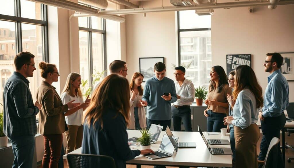 A diverse group of professionals gathered in a modern office setting, engaged in lively discussion and exchange of ideas. The scene is bathed in warm, natural lighting from large windows, casting a soft glow and creating an atmosphere of productivity and collaboration. In the foreground, colleagues stand around a central table, gesturing animatedly as they network and build connections. In the middle ground, others are seated at desks, typing on laptops and making phone calls, all while maintaining an open and friendly demeanor. The background features sleek, minimalist decor, with potted plants and artwork adding splashes of color. The overall impression is one of a vibrant, dynamic workplace where people come together to support each other's career growth and new beginnings. A diverse group of professionals gathered in a modern office setting, engaged in lively discussion and exchange of ideas. The scene is bathed in warm, natural lighting from large windows, casting a soft glow and creating an atmosphere of productivity and collaboration. In the foreground, colleagues stand around a central table, gesturing animatedly as they network and build connections. In the middle ground, others are seated at desks, typing on laptops and making phone calls, all while maintaining an open and friendly demeanor. The background features sleek, minimalist decor, with potted plants and artwork adding splashes of color. The overall impression is one of a vibrant, dynamic workplace where people come together to support each other's career growth and new beginnings.