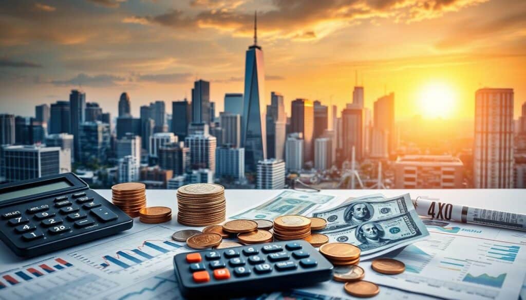 A diverse investment portfolio with a balanced mix of assets, including stocks, bonds, real estate, and alternative investments, is pictured against a backdrop of a cityscape with skyscrapers and a setting sun. The foreground features financial charts, graphs, and calculators, conveying the idea of careful analysis and strategic diversification. The middle ground showcases a variety of financial instruments, such as coins, banknotes, and investment documents, highlighting the range of investment options. The overall mood is one of financial stability, prudence, and a sense of security, suggesting the importance of avoiding the pitfalls of poor investment decisions.